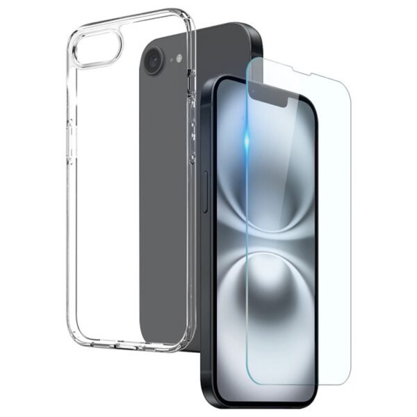 Комплект Прозрачен Кейс и Стъклен Протектор за iPhone 16e, Прозрачен